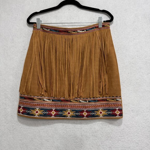 Savanna Jane Skirt Womens Medium Tan Faux Suede Fringe Southwestern Aztec Boho - Picture 1 of 8